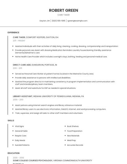 Care Taker Resume