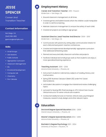 Career And Transition Teacher Resume