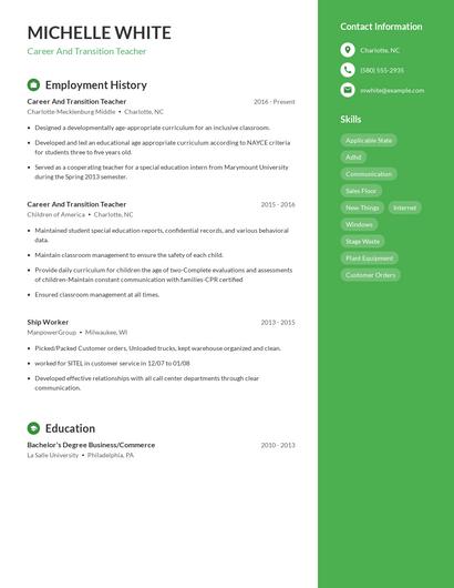 Career And Transition Teacher Resume