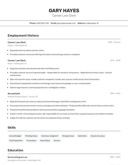 Career Law Clerk Resume