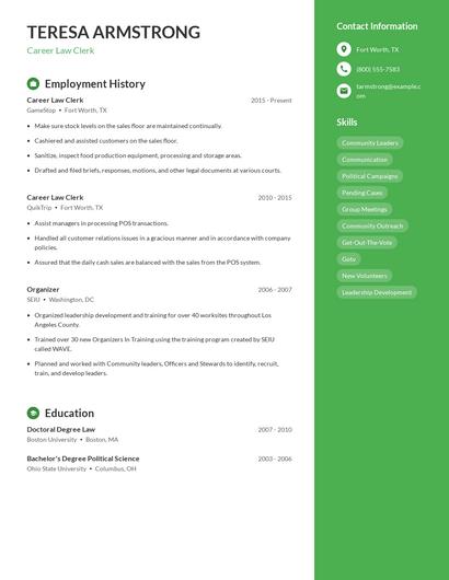 Career Law Clerk Resume
