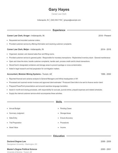 Career Law Clerk Resume