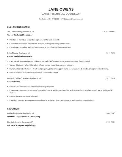 Career Technical Counselor Resume