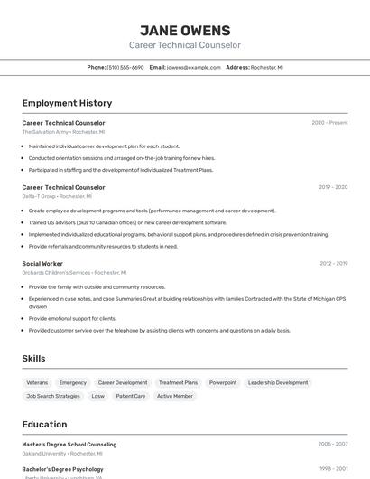 Career Technical Counselor Resume