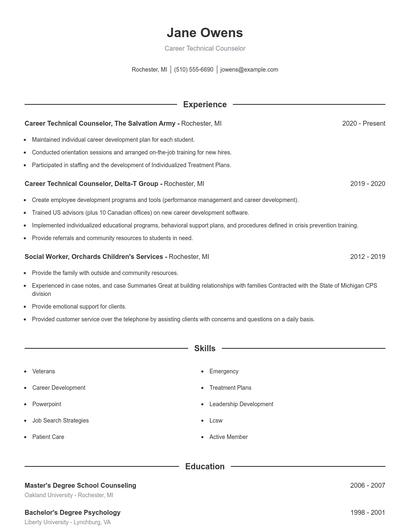 Career Technical Counselor Resume