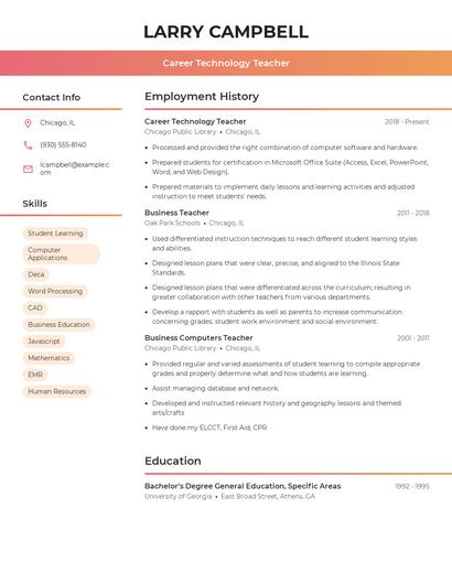 Career Technology Teacher Resume