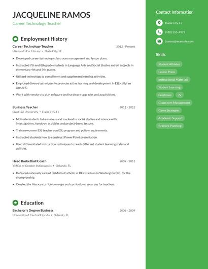 Career Technology Teacher Resume