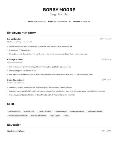 Cargo Handler Resume