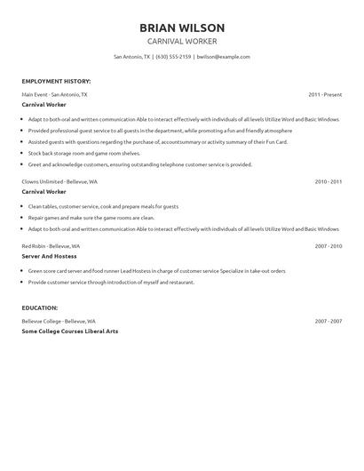 Carnival Worker Resume