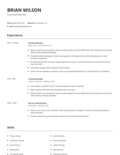 Carnival Worker Resume