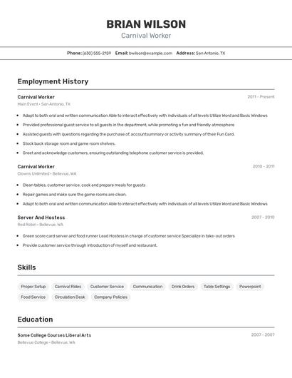 Carnival Worker Resume