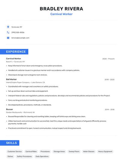 Carnival Worker Resume