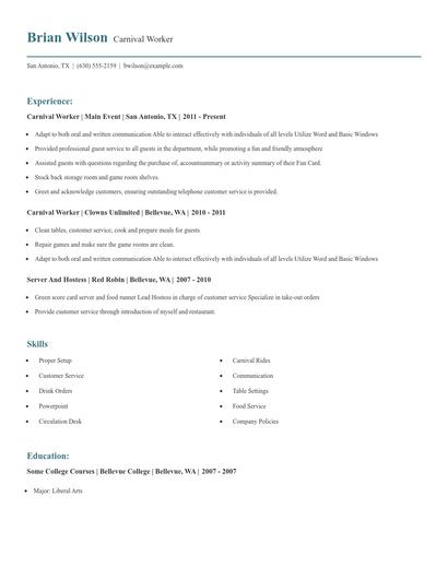 Carnival Worker Resume