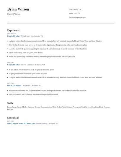 Carnival Worker Resume