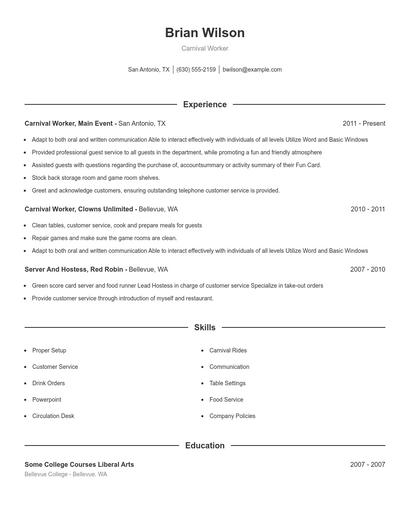 Carnival Worker Resume