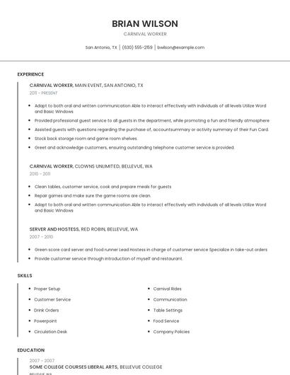 Carnival Worker Resume