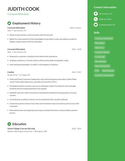 Carousel Attendant Resume