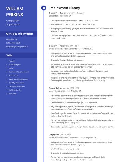 Carpenter Supervisor Resume