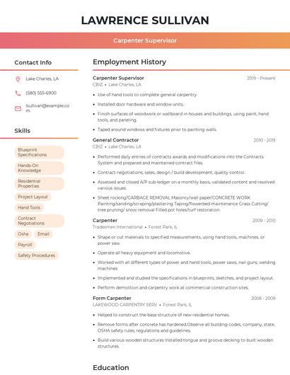Carpenter Supervisor Resume