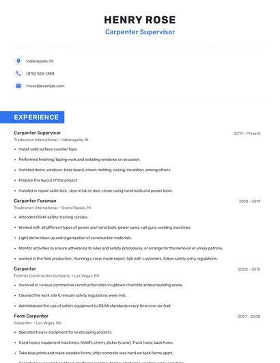 Carpenter Supervisor Resume