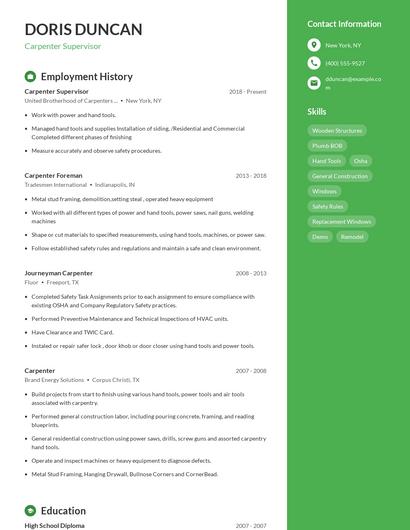 Carpenter Supervisor Resume