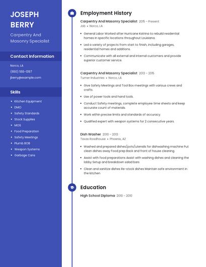 Carpentry And Masonry Specialist Resume