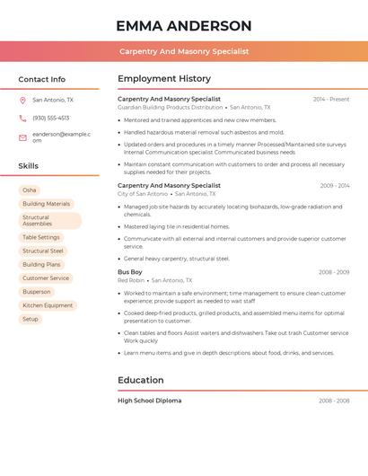 Carpentry And Masonry Specialist Resume
