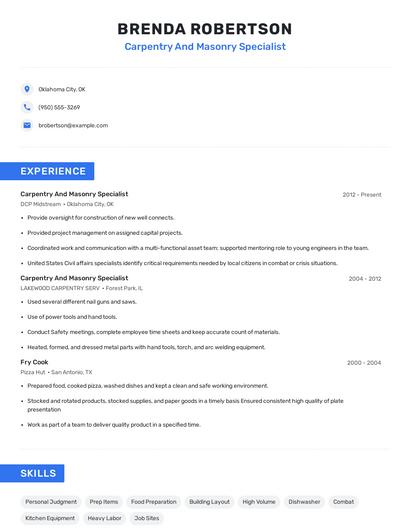 Carpentry And Masonry Specialist Resume