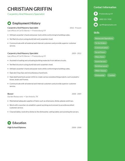 Carpentry And Masonry Specialist Resume