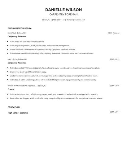 Carpentry Foreman Resume