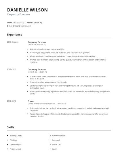 Carpentry Foreman Resume