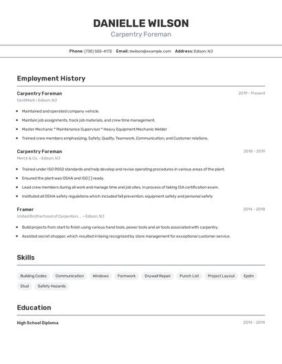Carpentry Foreman Resume