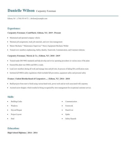 Carpentry Foreman Resume