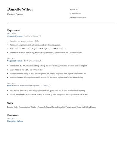 Carpentry Foreman Resume