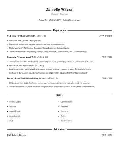 Carpentry Foreman Resume