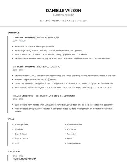 Carpentry Foreman Resume