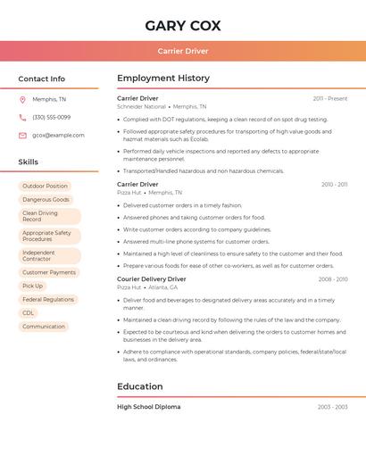 Carrier Driver Resume