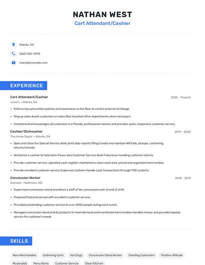 Cart Attendant/Cashier Resume