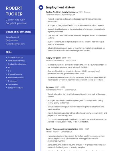 Carton And Can Supply Supervisor Resume