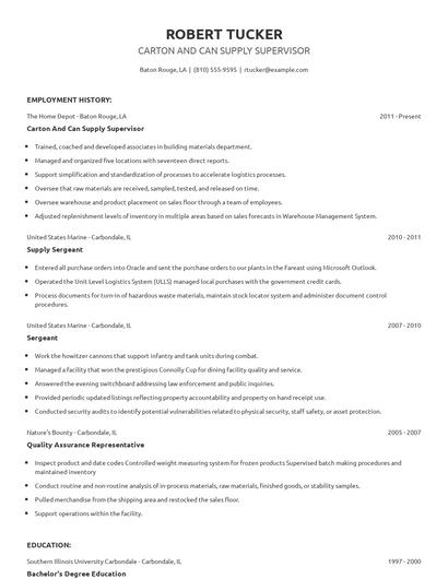Carton And Can Supply Supervisor Resume