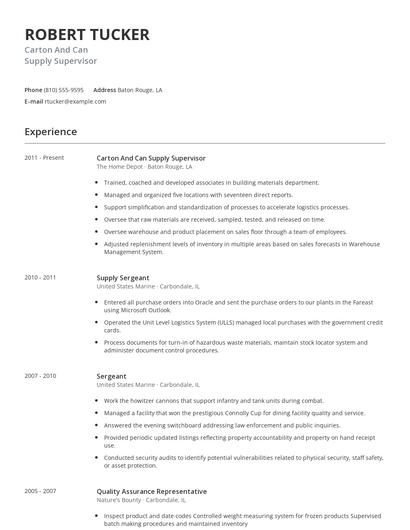 Carton And Can Supply Supervisor Resume