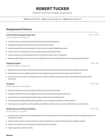 Carton And Can Supply Supervisor Resume