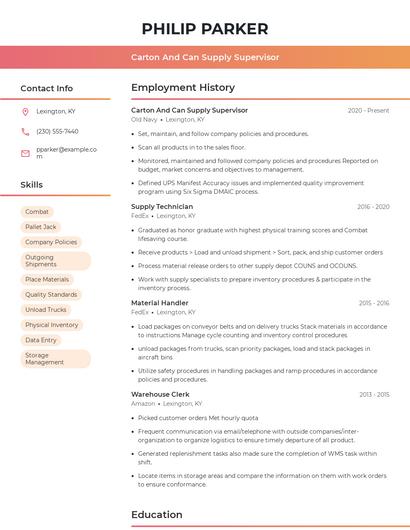 Carton And Can Supply Supervisor Resume