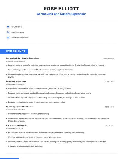 Carton And Can Supply Supervisor Resume
