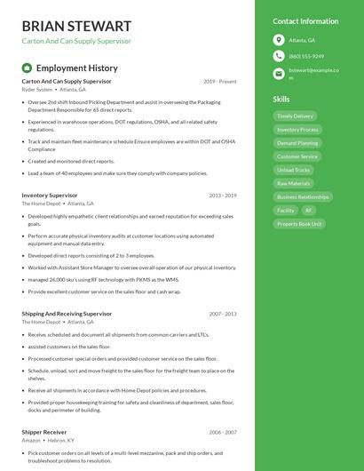 Carton And Can Supply Supervisor Resume