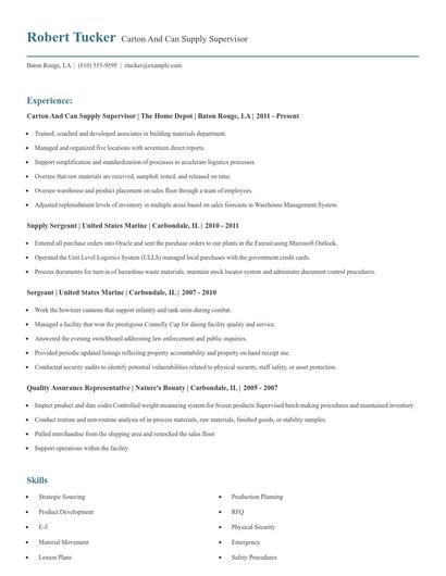 Carton And Can Supply Supervisor Resume