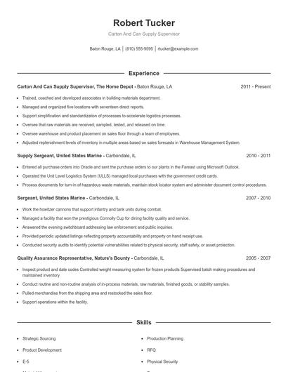 Carton And Can Supply Supervisor Resume