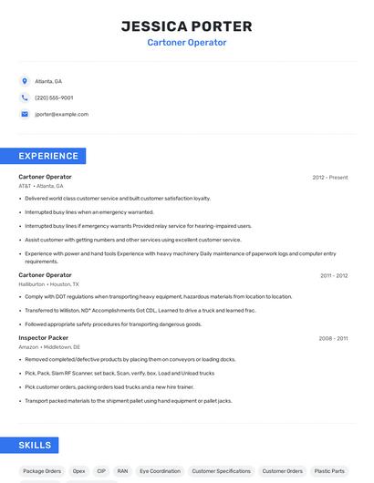 Cartoner Operator Resume