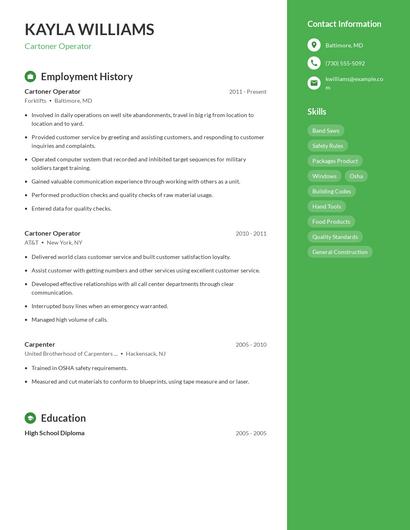 Cartoner Operator Resume