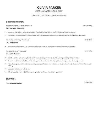 Case Manager Internship Resume